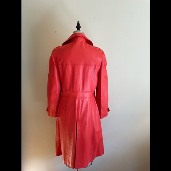 Leda Spain by Gropper Tangerine Leather Trench Coat with Gold Tone Accents - Picture 2 of 16